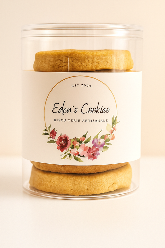 Jar of cookies with a floral label on a beige background