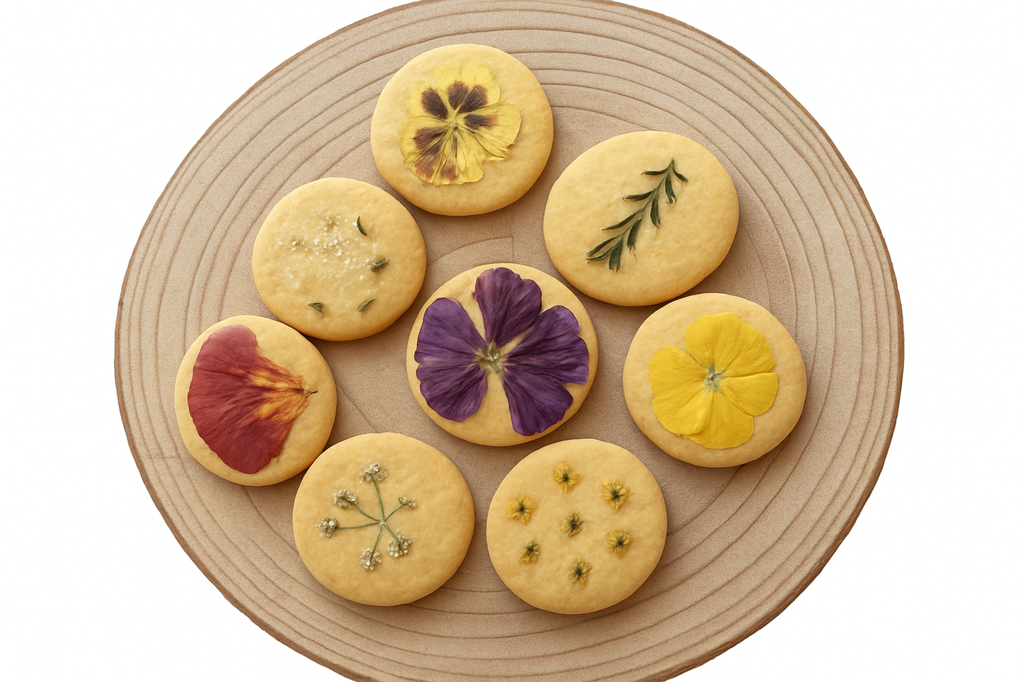 Cookies with floral designs on a wooden plate